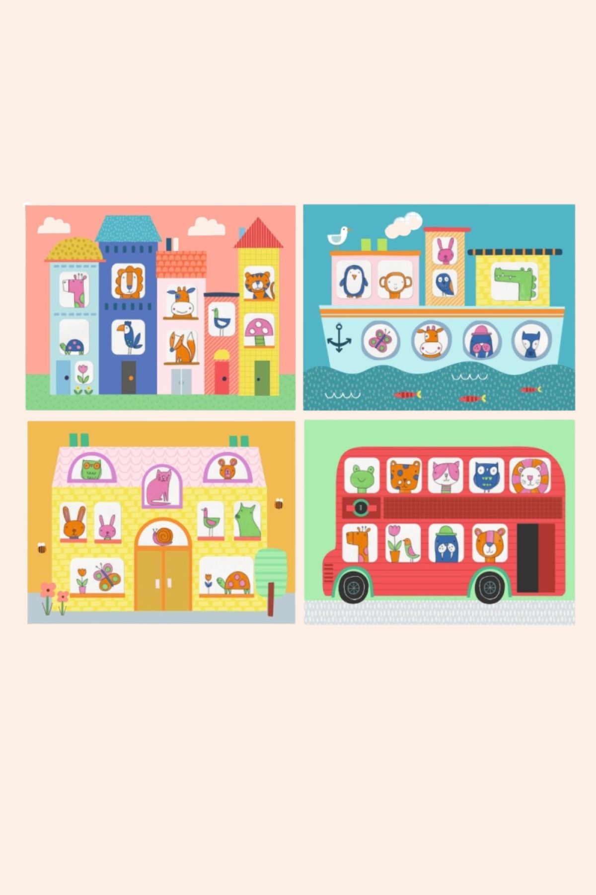 Djeco - Tracing is an Art - Drawing - Strawberries & Cream 
Four colourful illustrations of a cityscape with buildings, a boat, a house, and a bus. 
