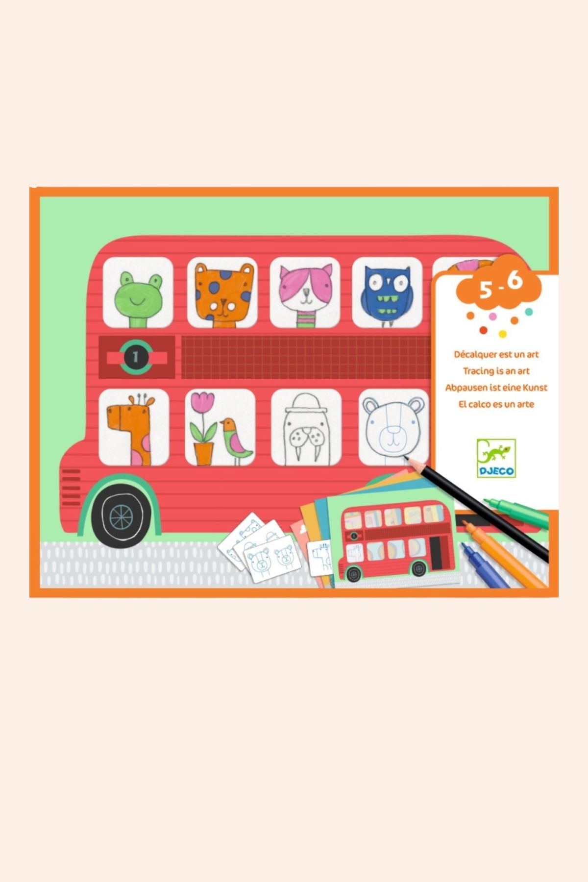 Djeco - Tracing is an Art - Drawing - Strawberries & Cream  
Children's colouring book with a red double-decker bus and various illustrations.