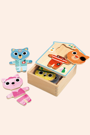 Djeco - Wooden Puzzle - Dressup Mix - Strawberries & Cream - Ingrid Lewis - Designer 
Wooden toy with animal figures and a box