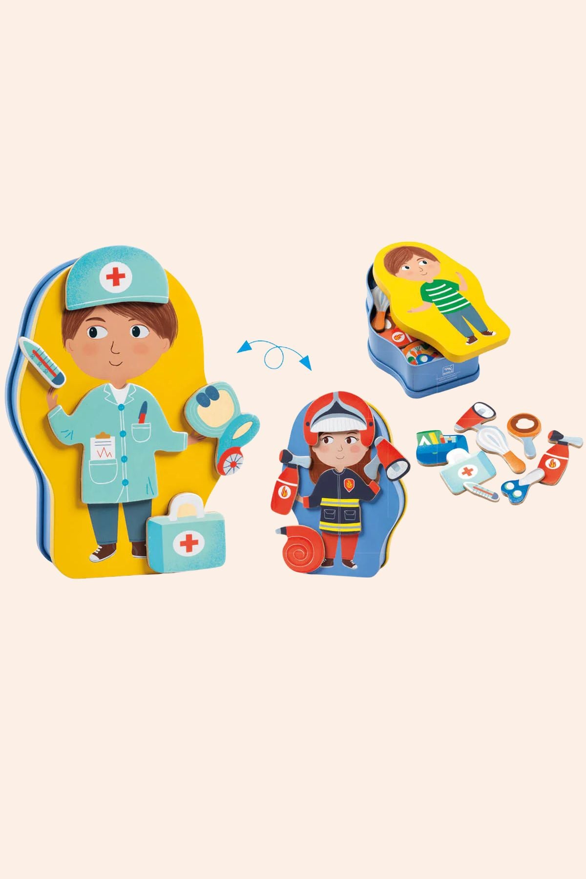 Djeco - Wooden magnetic- Jobissisimo - Strawberries & Cream - Ingrid Lewis - Designer
Toy figures of a doctor and a firefighter with accessories.