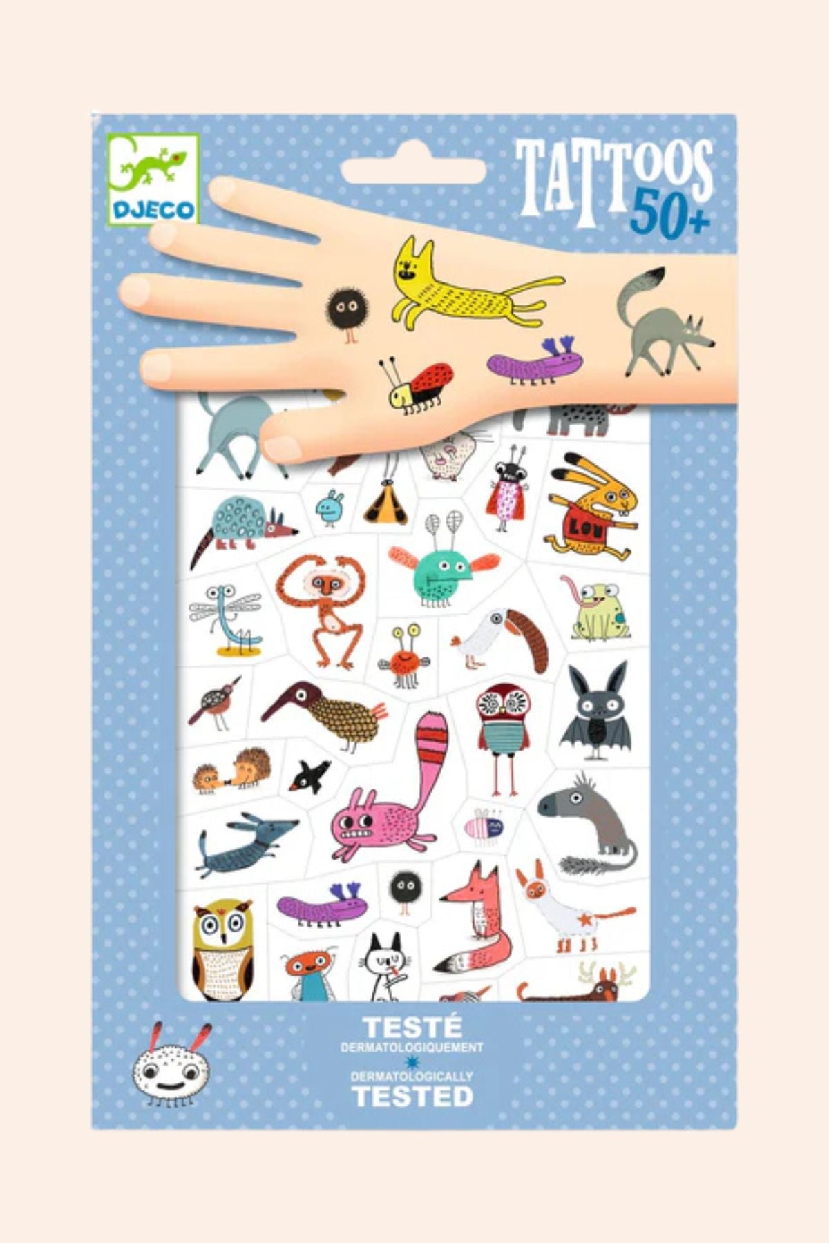 Packaged tattoo set with colorful designs on a blue background, featuring the brand 'Djeco'.