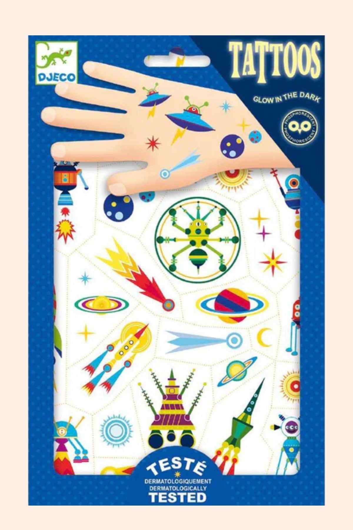 Package of Djeco glow-in-the-dark tattoos with space-themed designs on a blue background.