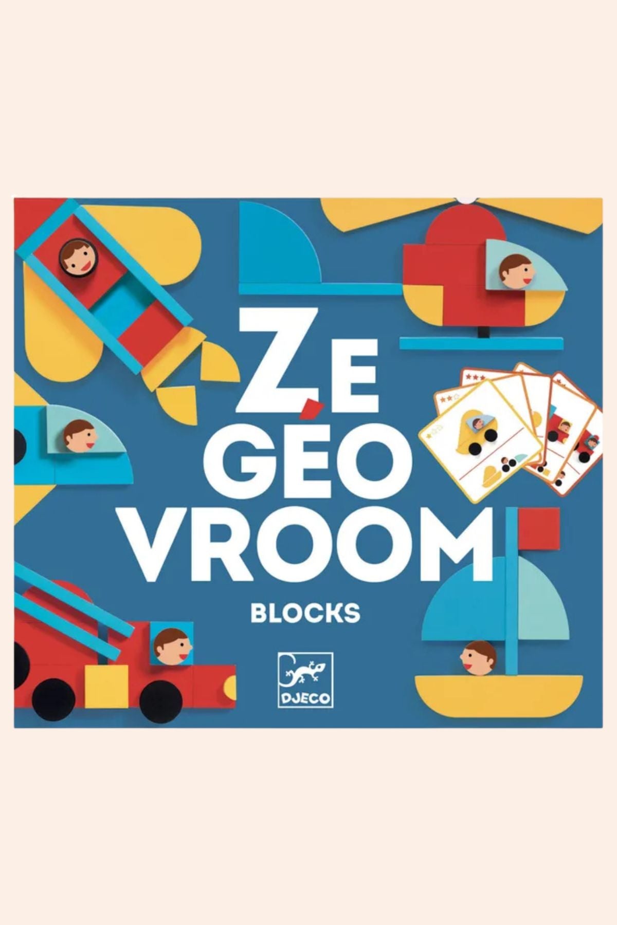 Djeco Ze Geo Vroom - Wood Blocks - Construction Game - Strawberries & Cream  - Ingrid Lewis - Designer 
Djeco Box of 'Ze Geo Vroom' blocks with colorful geometric shapes.