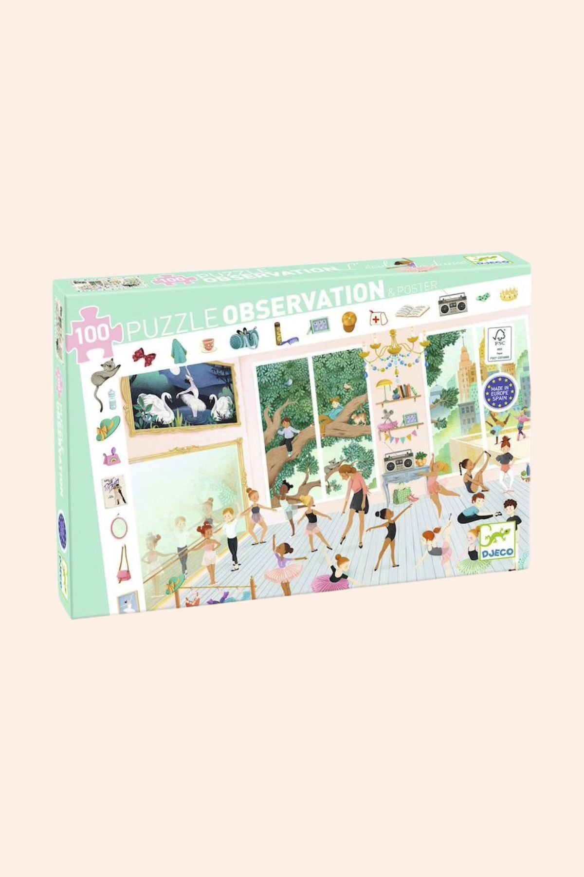 Puzzle box with various illustrations on a white background