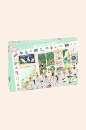 Puzzle box with various illustrations on a white background