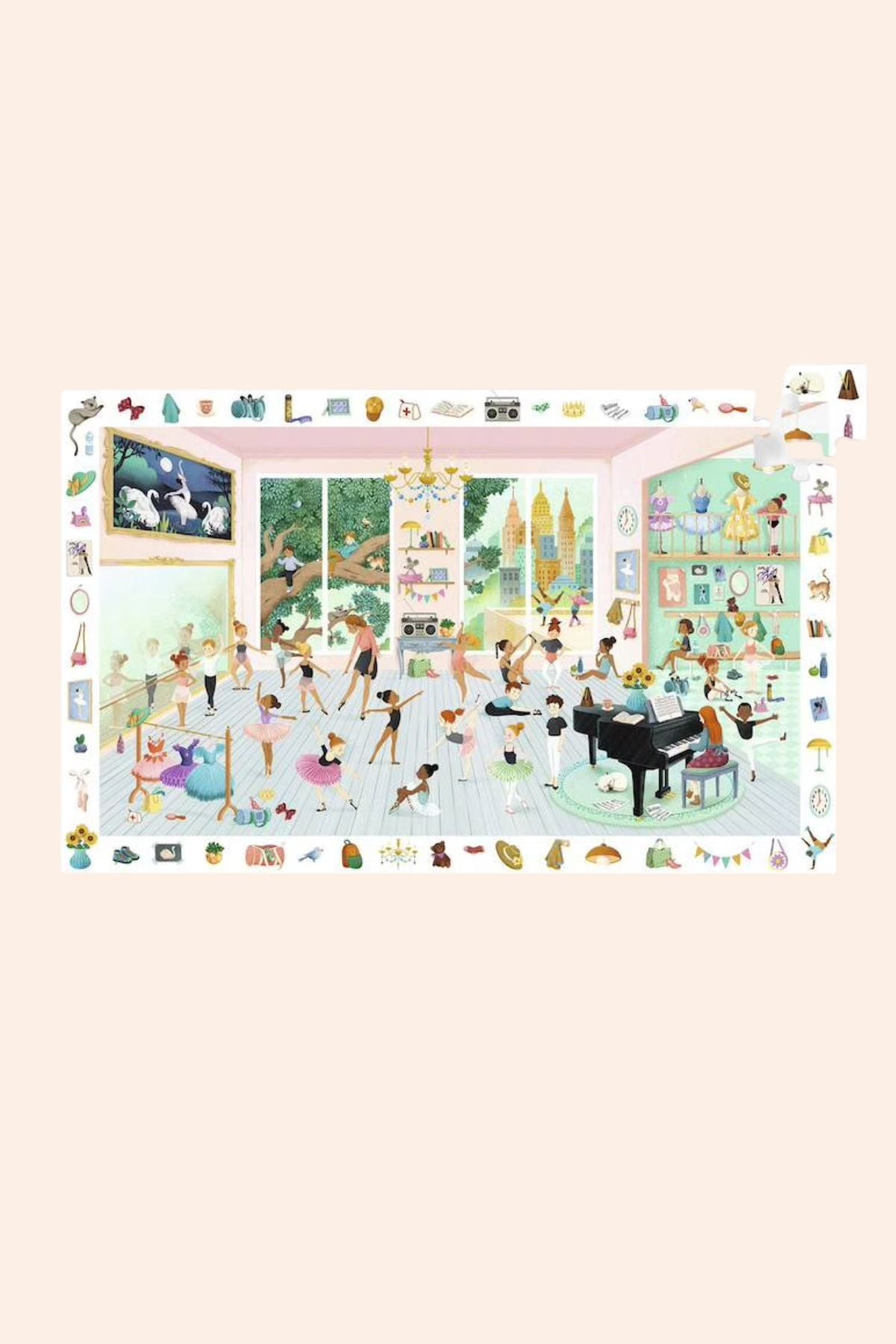 Illustration of a room with various activities and people on a light pink background