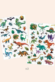 Two sheets of dinosaur-themed stickers on a beige background