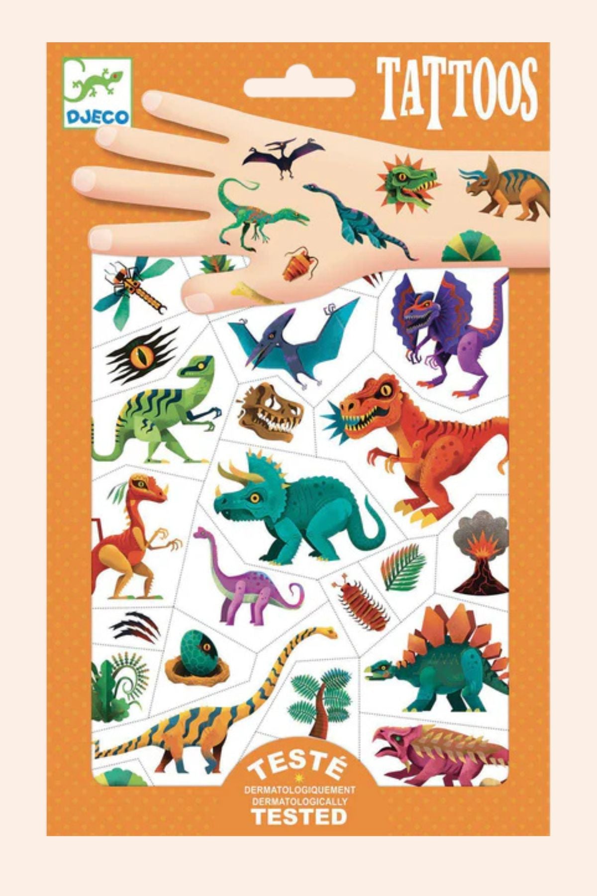 Pack of dinosaur tattoos with a hand illustration on an orange background
