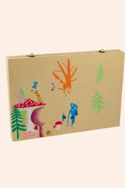 Children's art supply box with forest-themed illustrations on a beige background