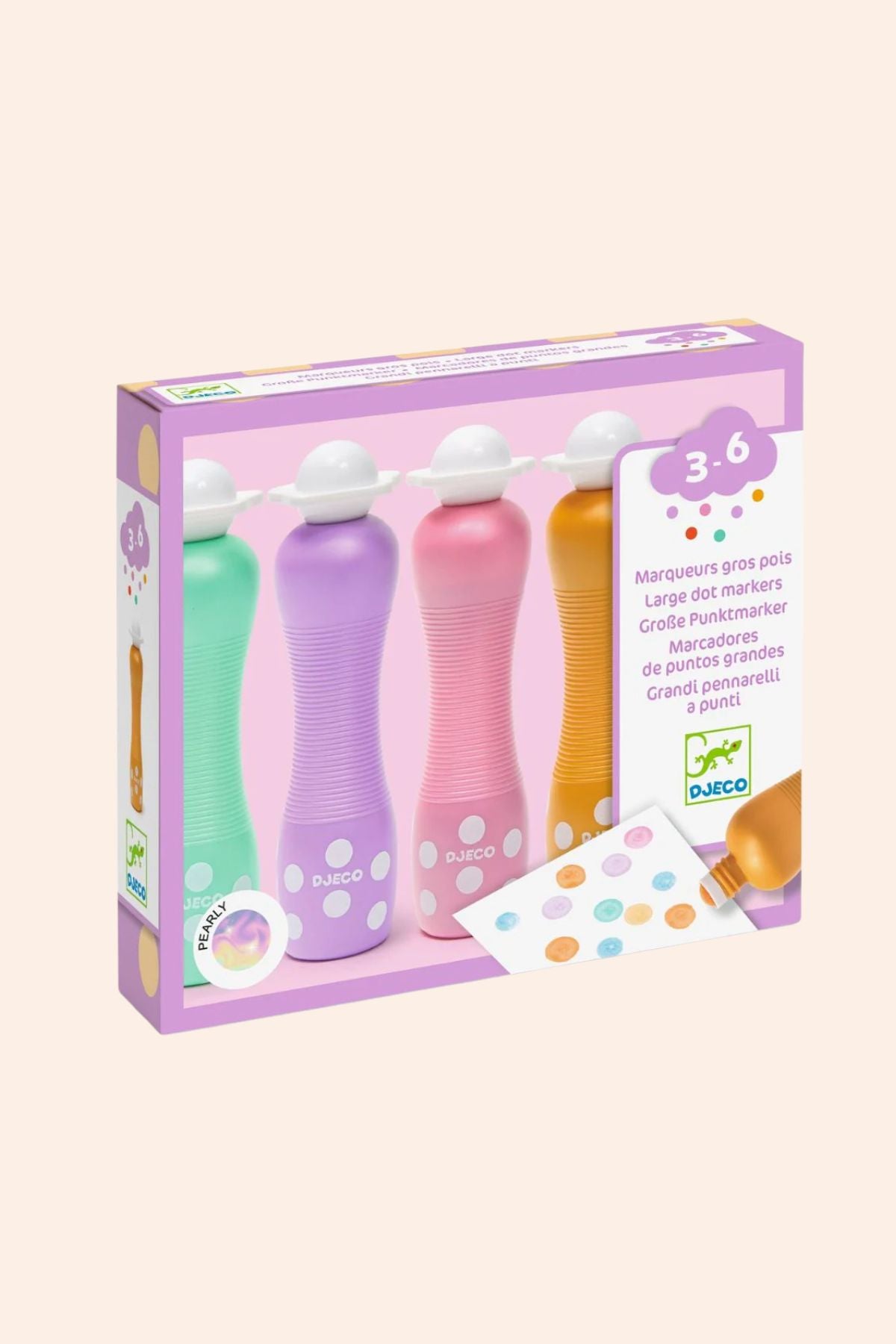 Box of pastel-colored paint markers with a colorful label on a light pink background