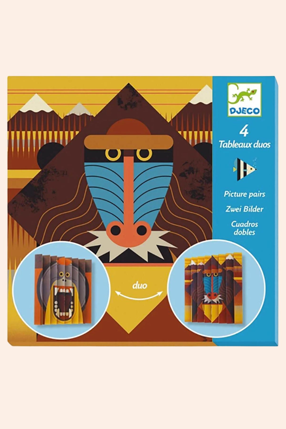 Packaging of Djeco picture pairs with tribal design illustration.