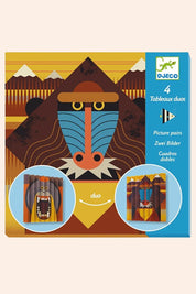 Packaging of Djeco picture pairs with tribal design illustration.