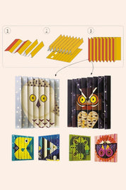 Step-by-step assembly of a colorful owl-shaped book with various designs.