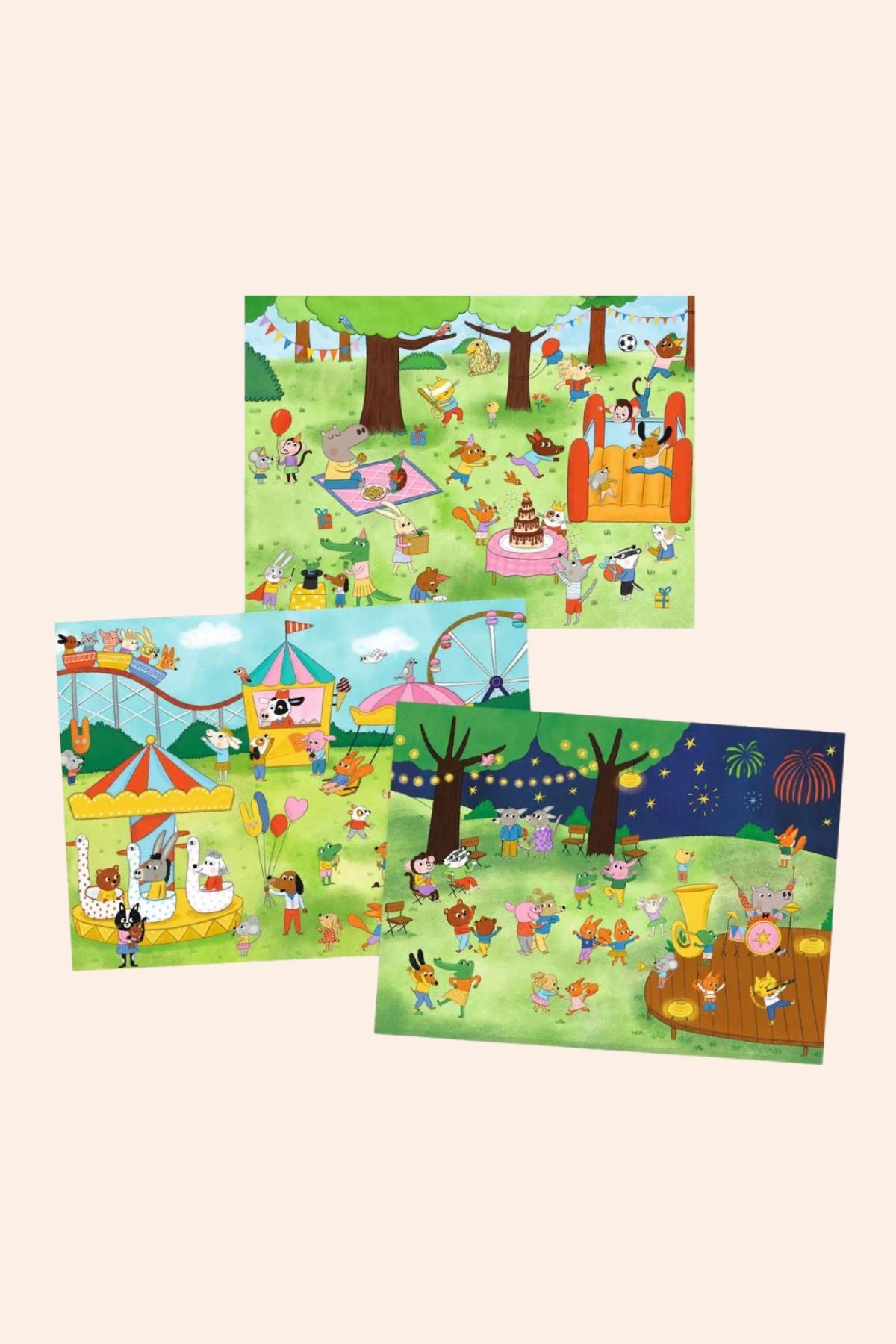 Set of three children's activity mats with different scenes on a white background
