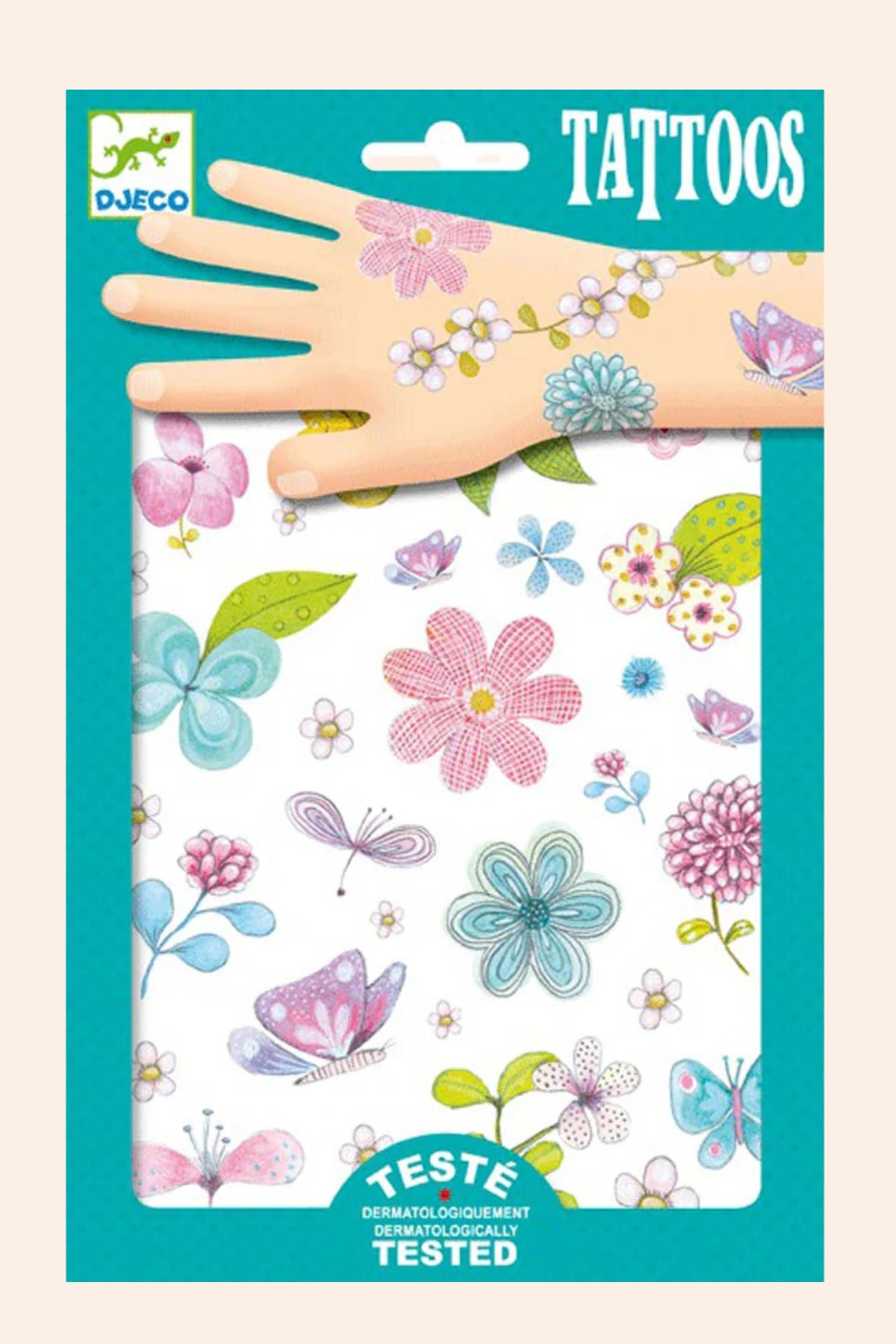 Packaging of children's temporary tattoos with floral designs and a hand model on a white background.