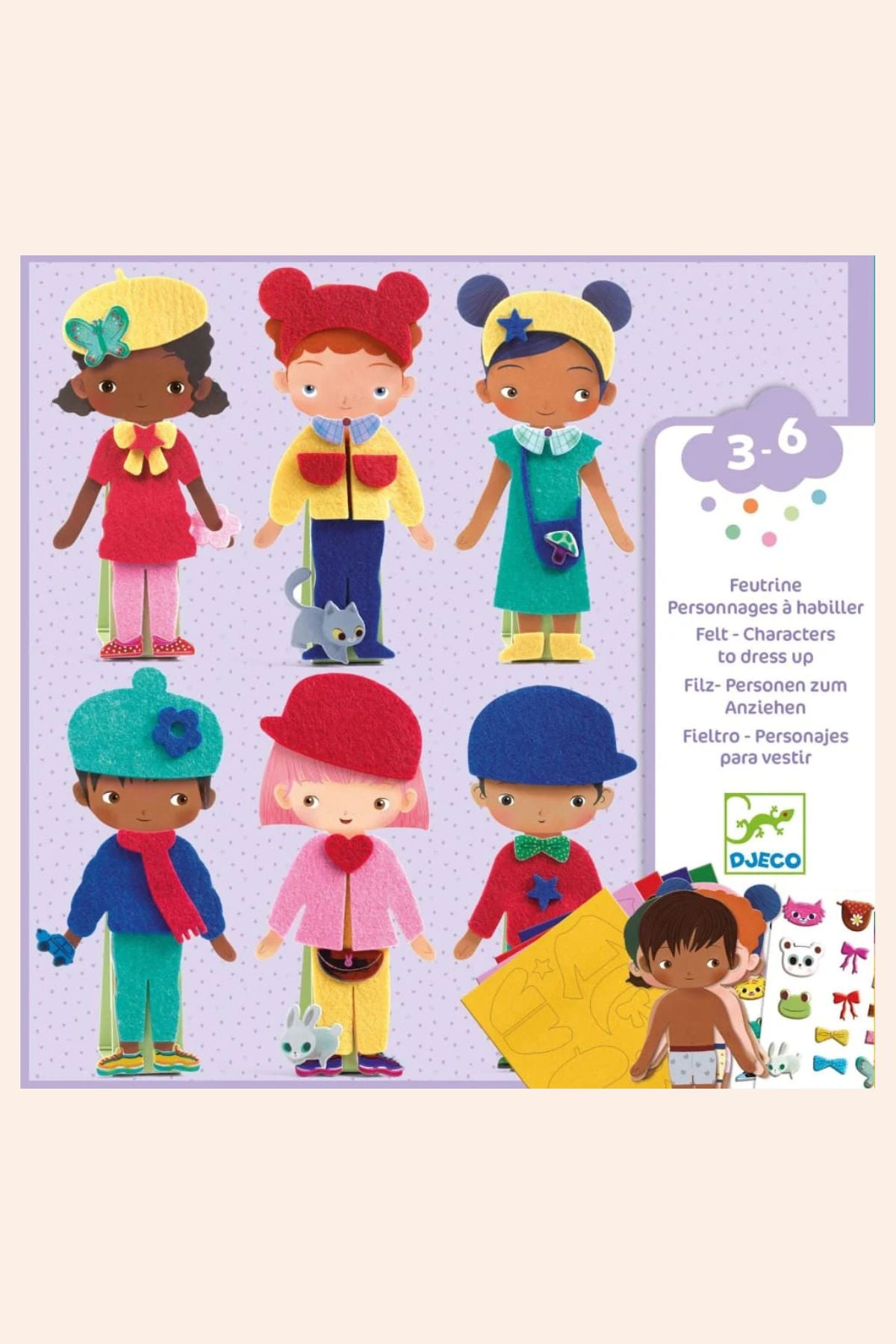 Set of colorful dolls with accessories on a purple background, featuring Djeco branding.