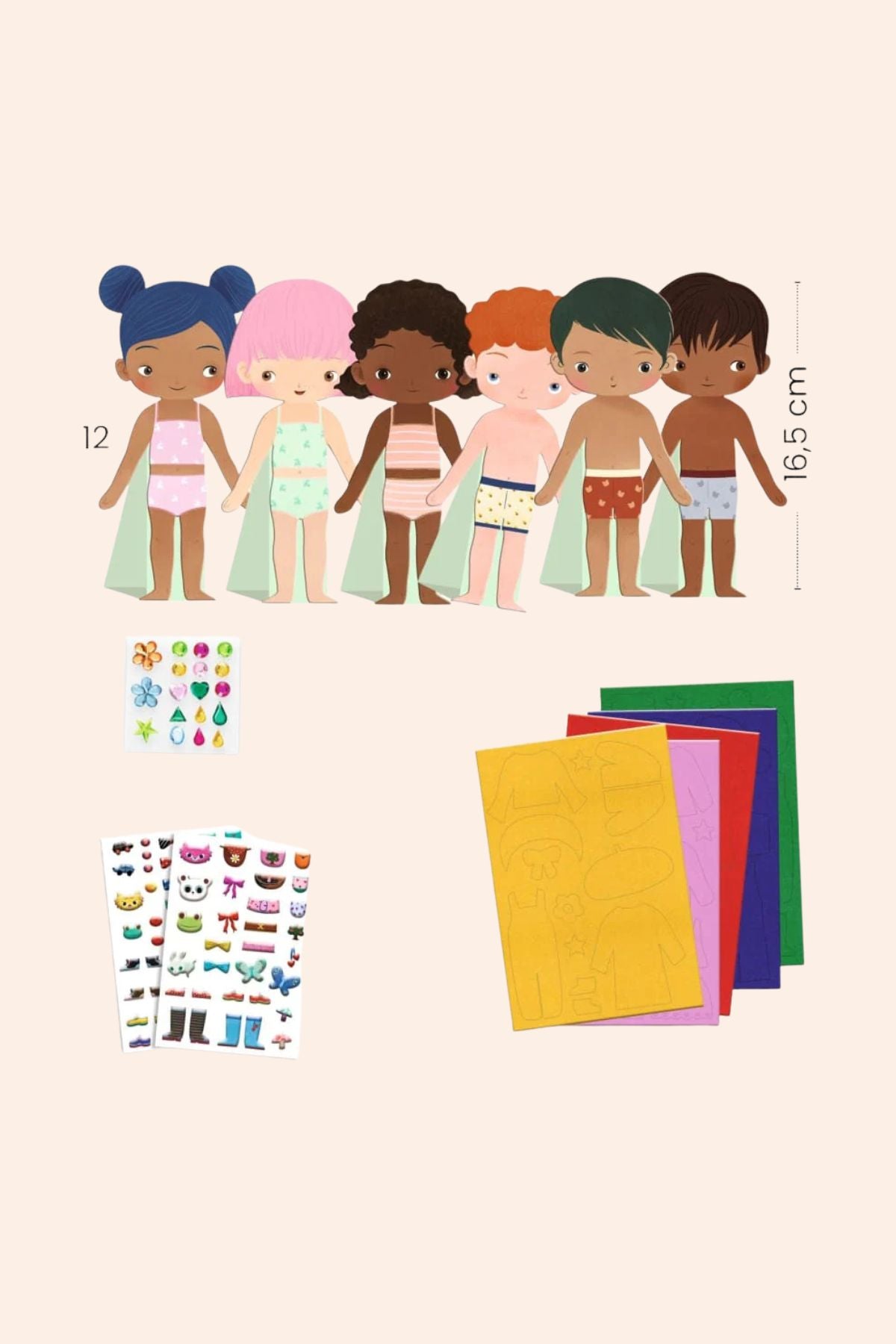 Set of paper dolls with various hairstyles and skin tones, along with colorful paper bags and stickers on a beige background.