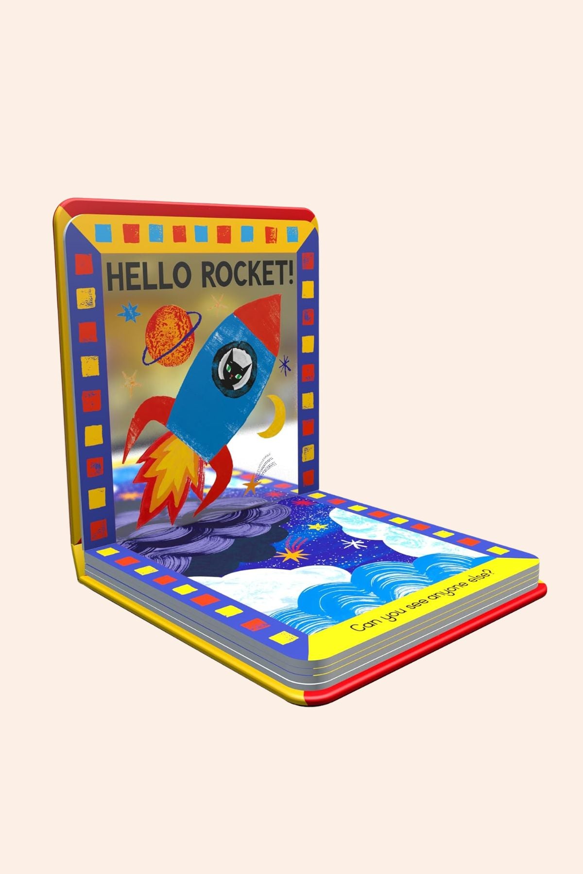 Hello Train - Mirror Magic -  Strawberries & Cream - Ingrid Lewis - Designer
Children's book titled 'Hello Rocket!' with a colorful cover featuring a rocket ship.