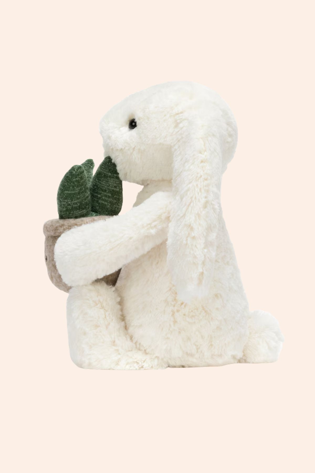 Jellycat - Cream Bunny with Plant - Strawberries & Cream - Ingrid Lewis - Designer White plush bunny holding a small potted plant