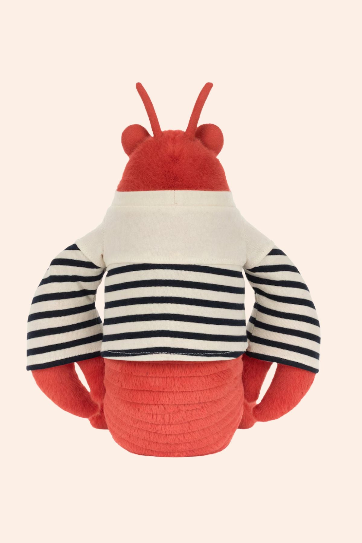 Jellycat - Larry Lobster Sailor Outfit - Strawberries & Cream - Ingrid Lewis - Designer
 Toy lobster with red body, white and blue striped shirt on a beige background