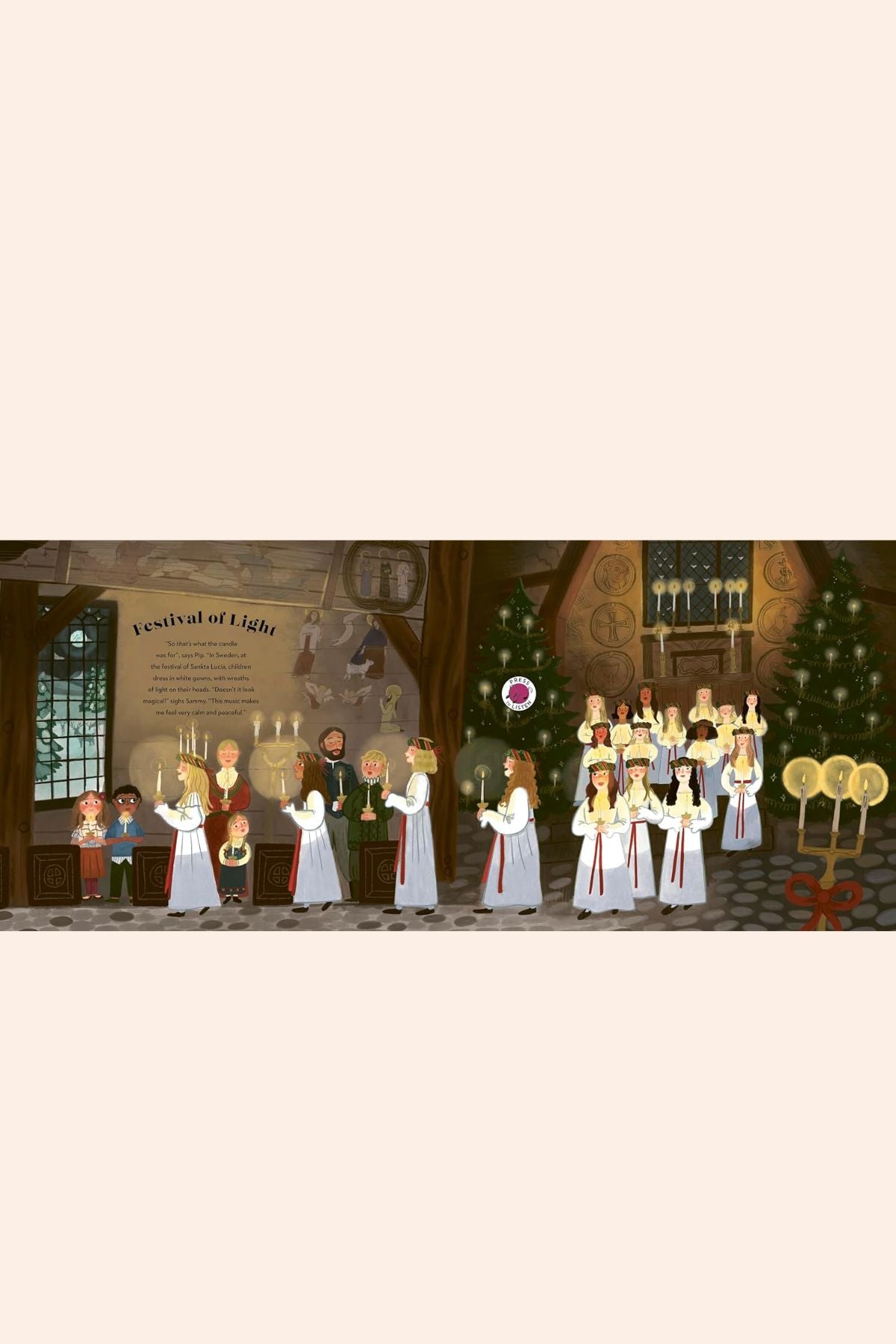 Listen To The Music: At Christmas - A World of Magical Melodies - Strawberries & Cream - Ingrid Lewis - Designer
Animated scene of children with candles in a festive setting