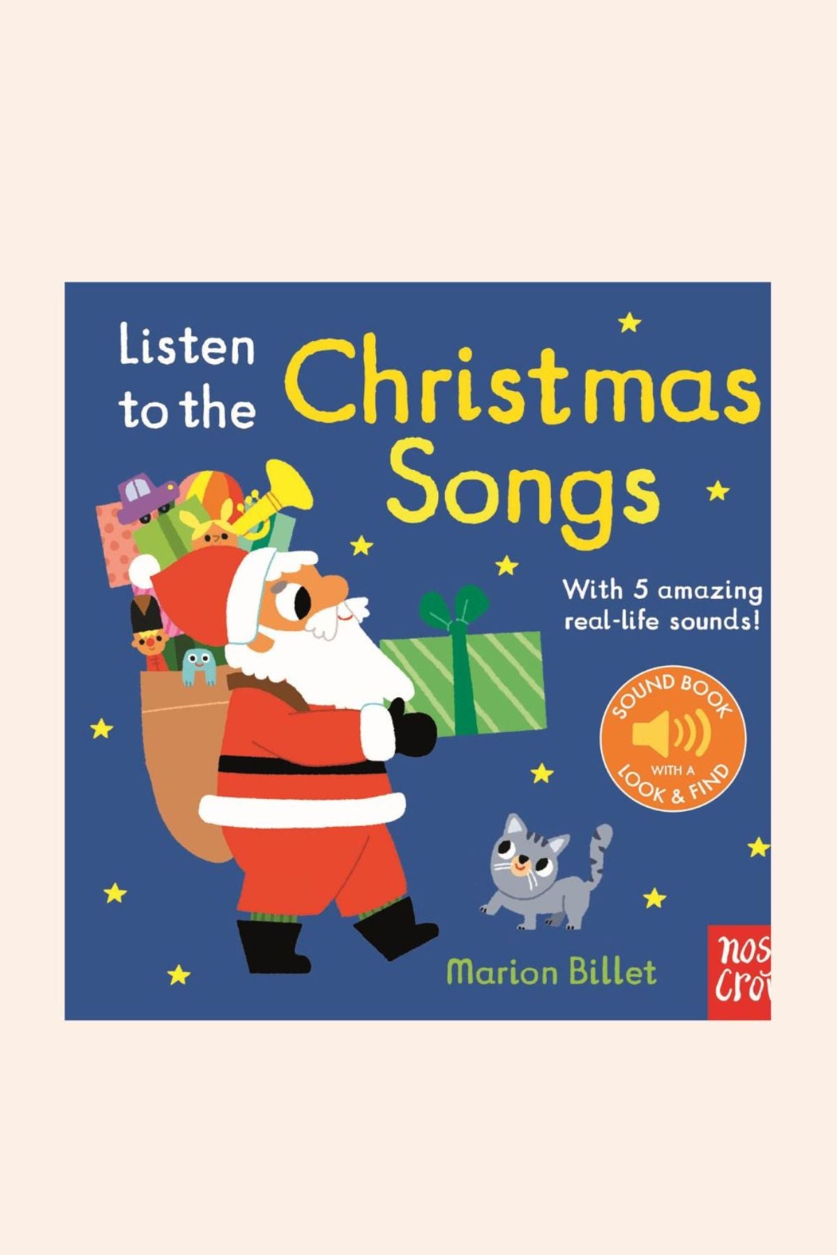 Listen_to_the_Christmas_Songs_Sound_Book_-_Strawberries_Cream_-Ingrid_Lewis_-_Designer_-0 
Book cover of 'Listen to the Christmas Songs' with Santa Claus and a dog on a blue background.