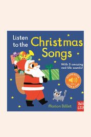 Listen_to_the_Christmas_Songs_Sound_Book_-_Strawberries_Cream_-Ingrid_Lewis_-_Designer_-0 
Book cover of 'Listen to the Christmas Songs' with Santa Claus and a dog on a blue background.