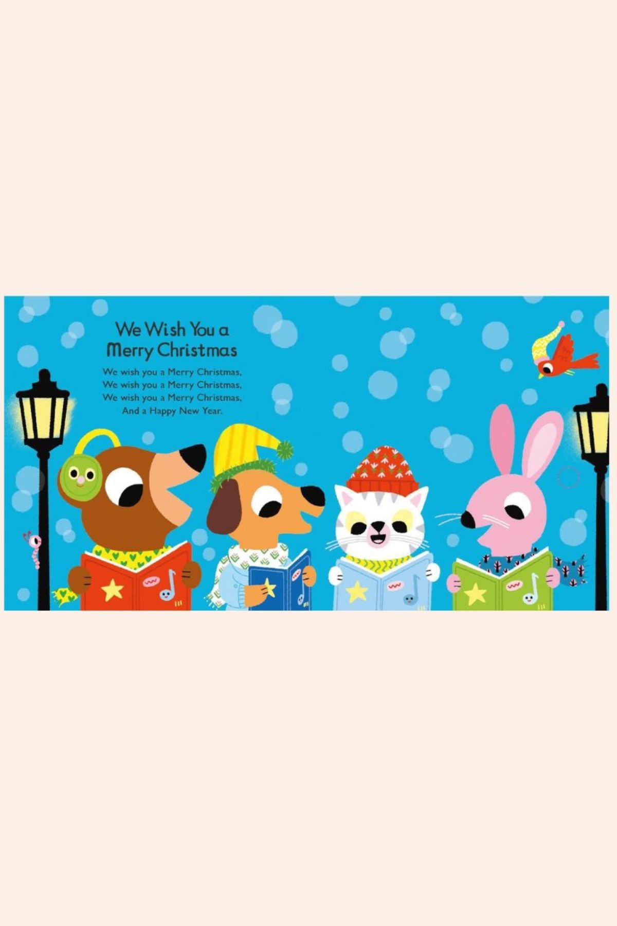 Listen to the Christmas Songs (Sound Book) - Strawberries & Cream -Ingrid Lewis - Designer 
Children's book cover with cartoon animals singing 'We Wish You a Merry Christmas'