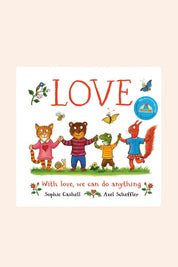 Love: With Love We Can Do anything -  Strawberries & Cream - Ingrid Lewis - Designer  
Children's book cover with cartoon animals holding hands and the word 'LOVE'.