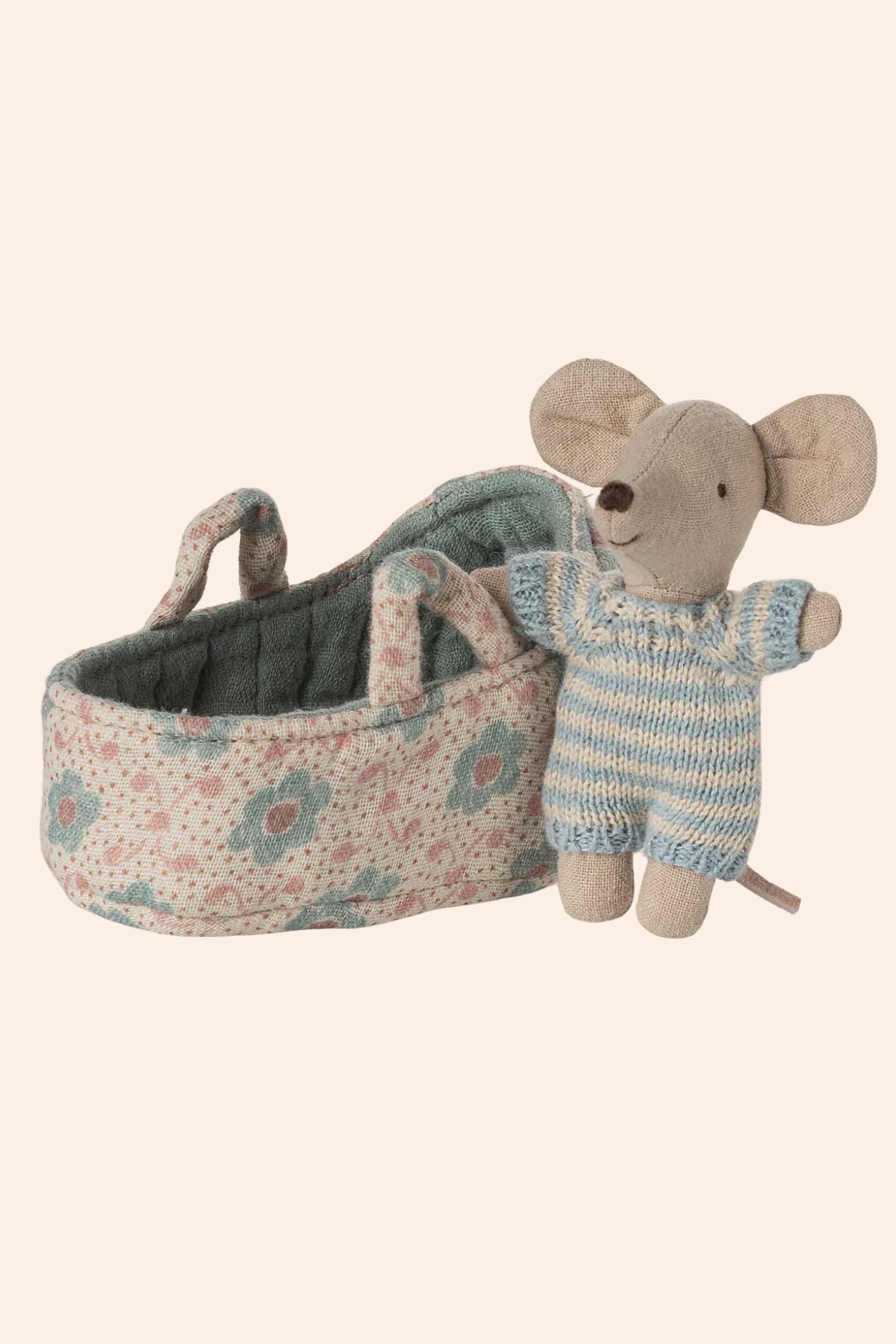 Maileg - Baby Mouse in Carry Cot - Blue - Strawberries & Cream - Ingrid Lewis - Designer
Stuffed mouse toy in a floral crib.