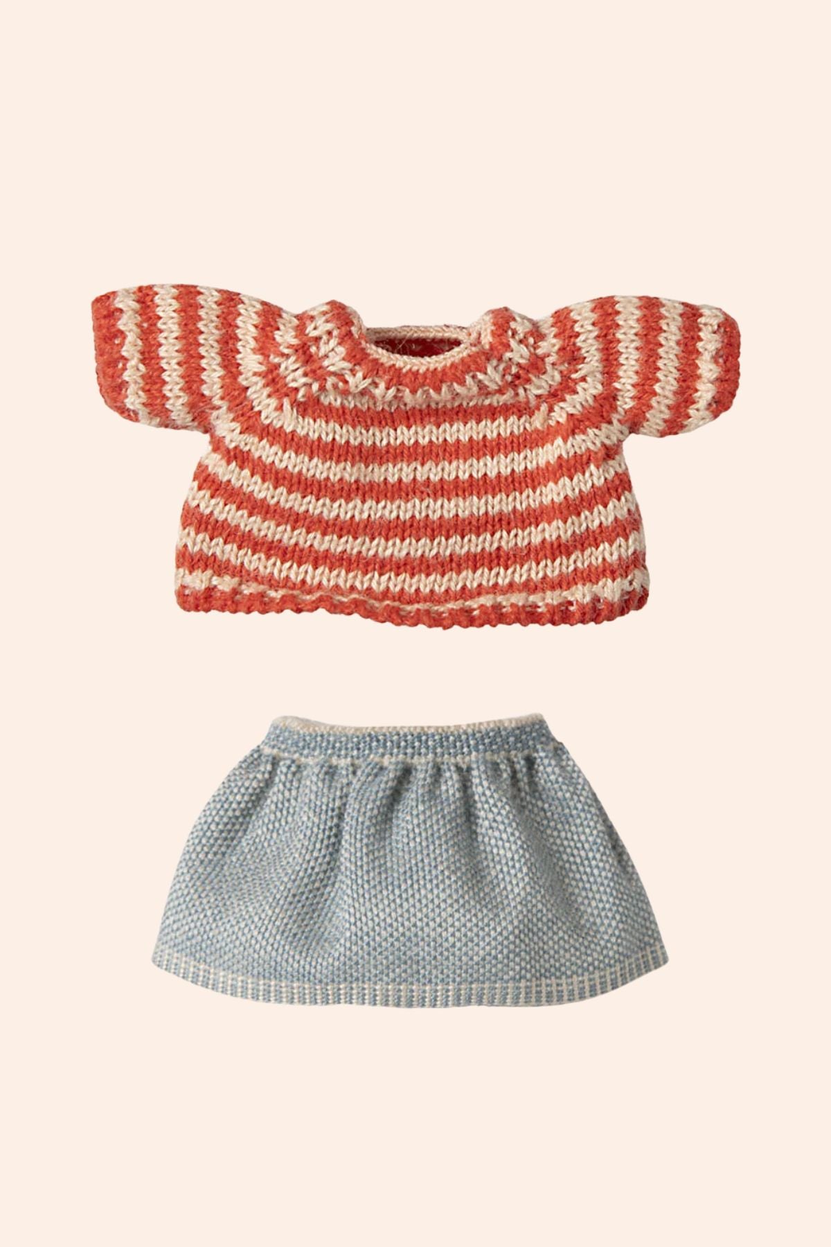 Maileg - Big Sister - Mouse Knitted Sweater and Skirt - Strawberries & Cream - Ingrid Lewis - Designer Striped red and white top with a blue checkered skirt.