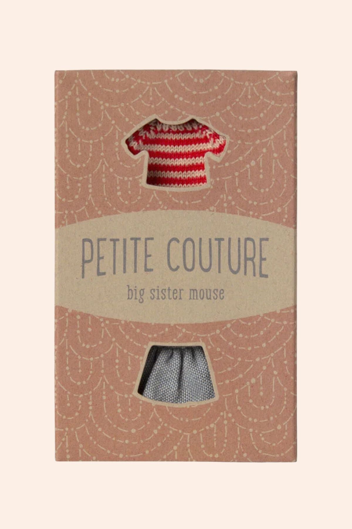 Maileg - Big Sister - Mouse Knitted Sweater and Skirt - Strawberries & Cream - Ingrid Lewis - Designer 
Product packaging for 'Petite Couture' with a red and white striped shirt and black skirt.