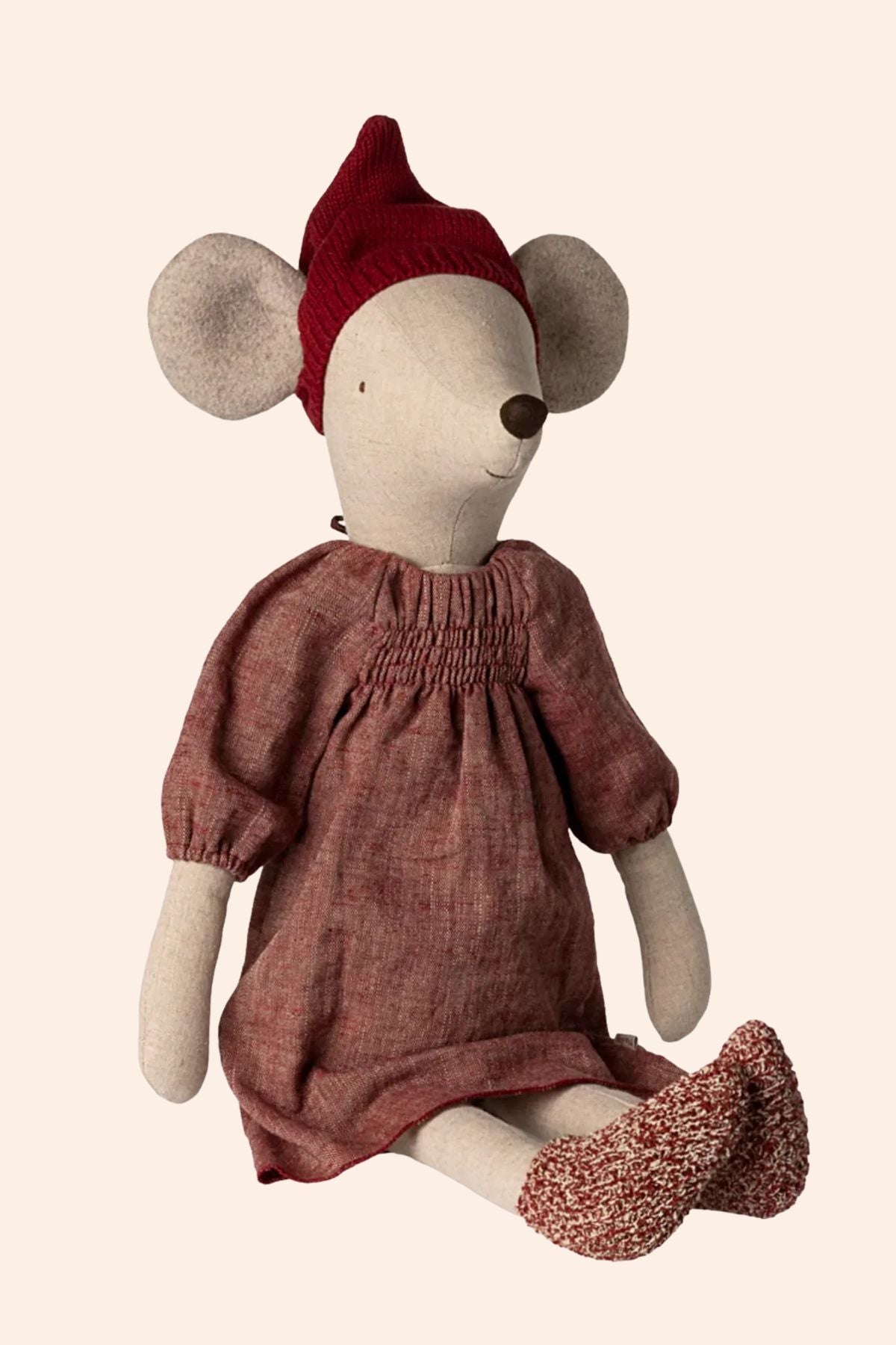 Maileg - Christmas Mouse - Maxi - Strawberries & Cream - Ingrid Lewis - Designer
Stuffed mouse toy wearing a red dress and hat.