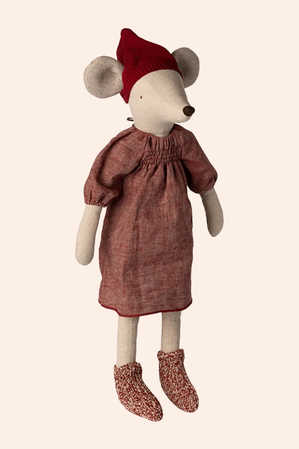 Maileg - Christmas Mouse - Maxi - Strawberries & Cream - Ingrid Lewis - Designer
Stuffed mouse toy wearing a red dress and hat.