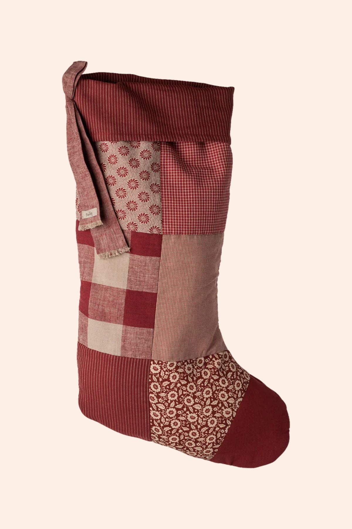 Maileg - Christmas Stocking - Flower - Strawberries & Cream - Ingrid Lewis - Designer 
Patchwork-style red and beige stocking.