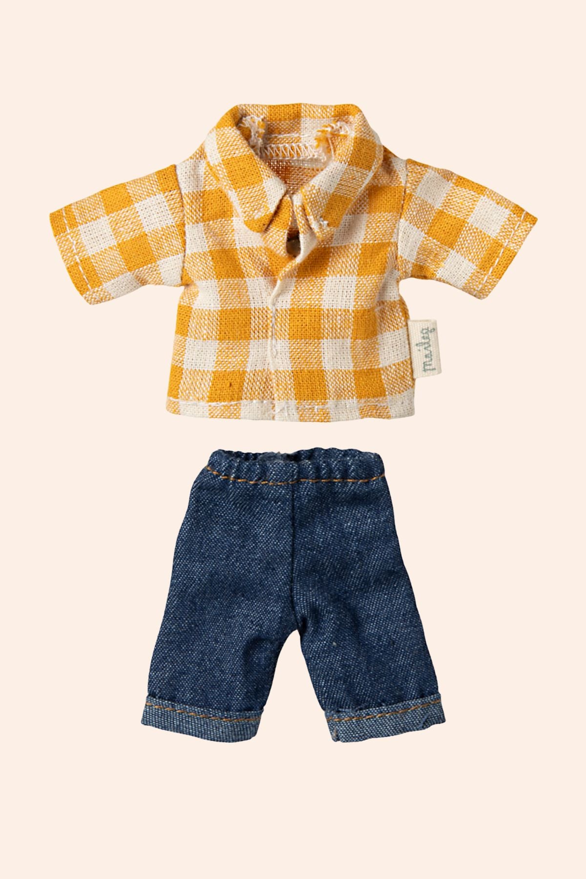 Maileg - Dad Mouse - Yellow Checked Shirt and Pants - Strawberries & Cream - Ingrid Lewis - Designer 
Yellow and white checkered shirt with blue jeans.