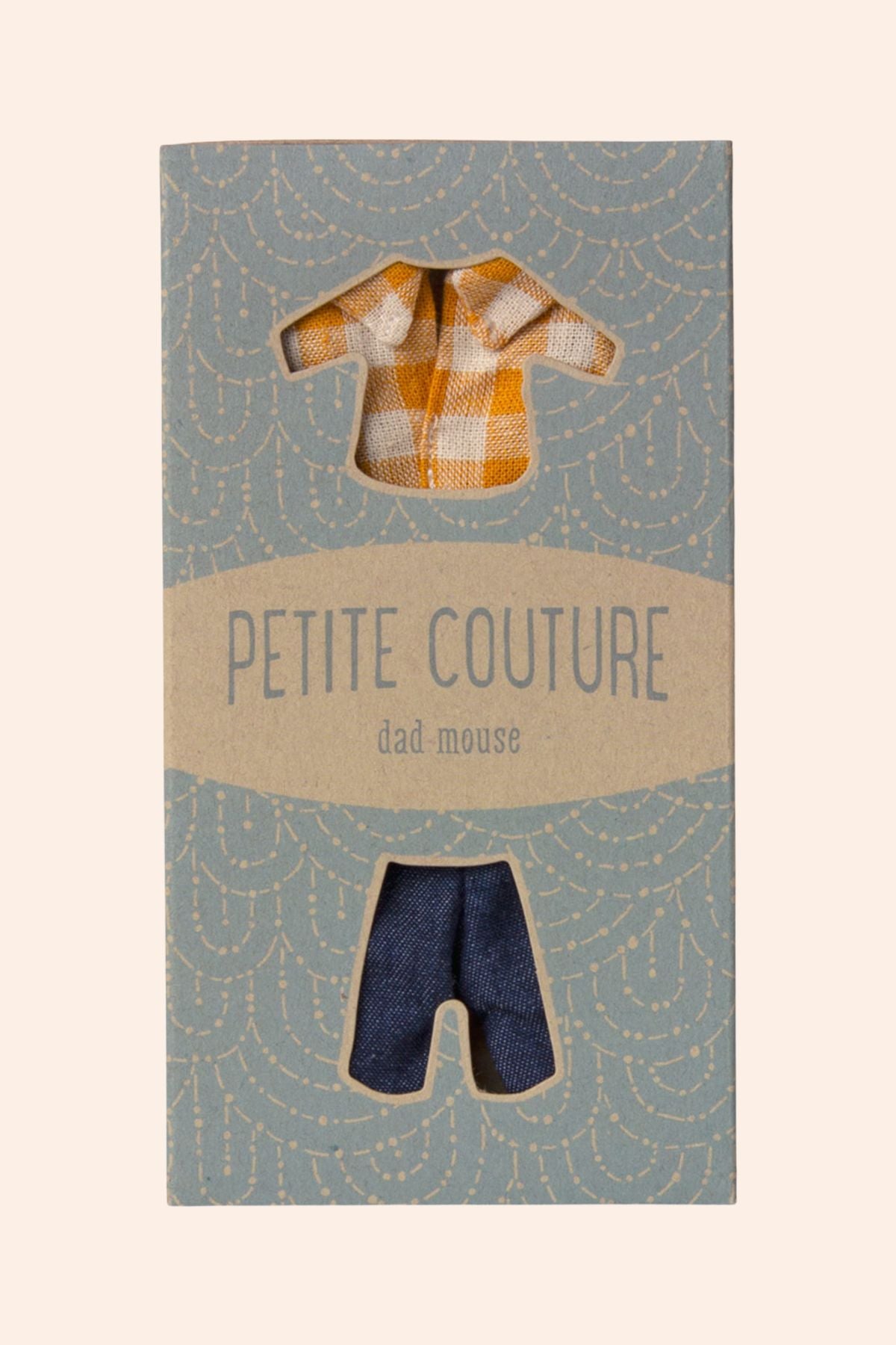 Maileg - Dad Mouse - Yellow Checked Shirt and Pants - Strawberries & Cream - Ingrid Lewis - Designer 
Packaging for children's clothing with checkered shirt and blue pants cutouts, branded 'Petite Couture'.
