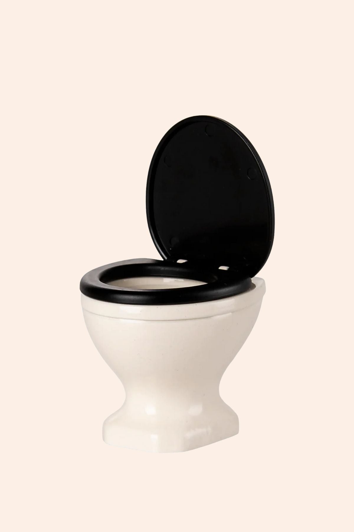White toilet with black seat and cover