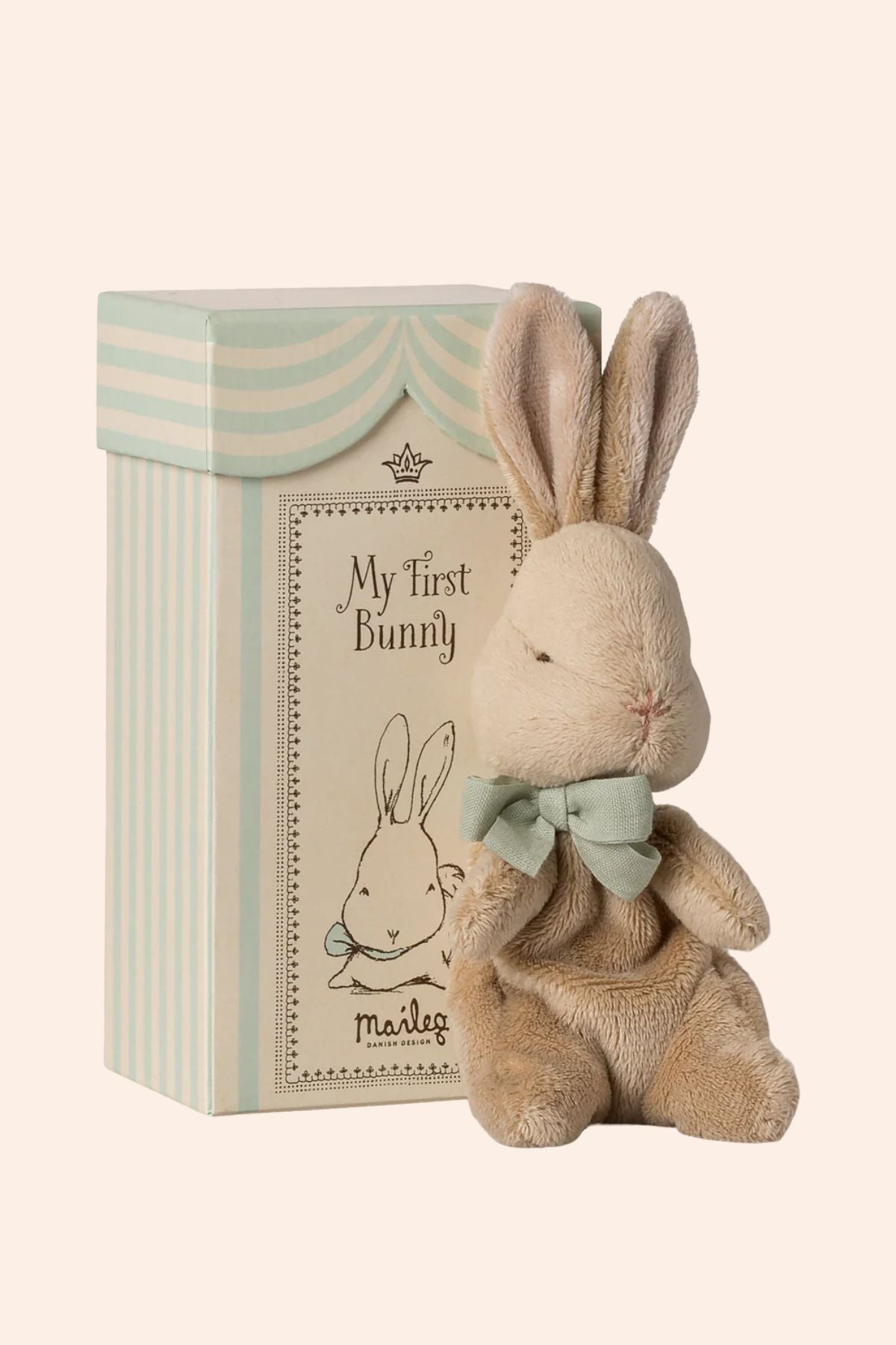 Maileg - My First Bunny - Mint - Strawberries & Cream - Ingrid Lewis - Designer
Maileg stuffed bunny toy with a bow tie in front of a branded box on a white background