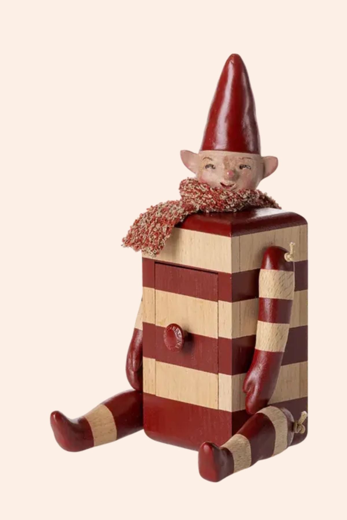 Maileg - Pixy with Drawer - Red - Strawberries & Cream - Ingrid Lewis - Designer
Wooden elf figurine with a striped design