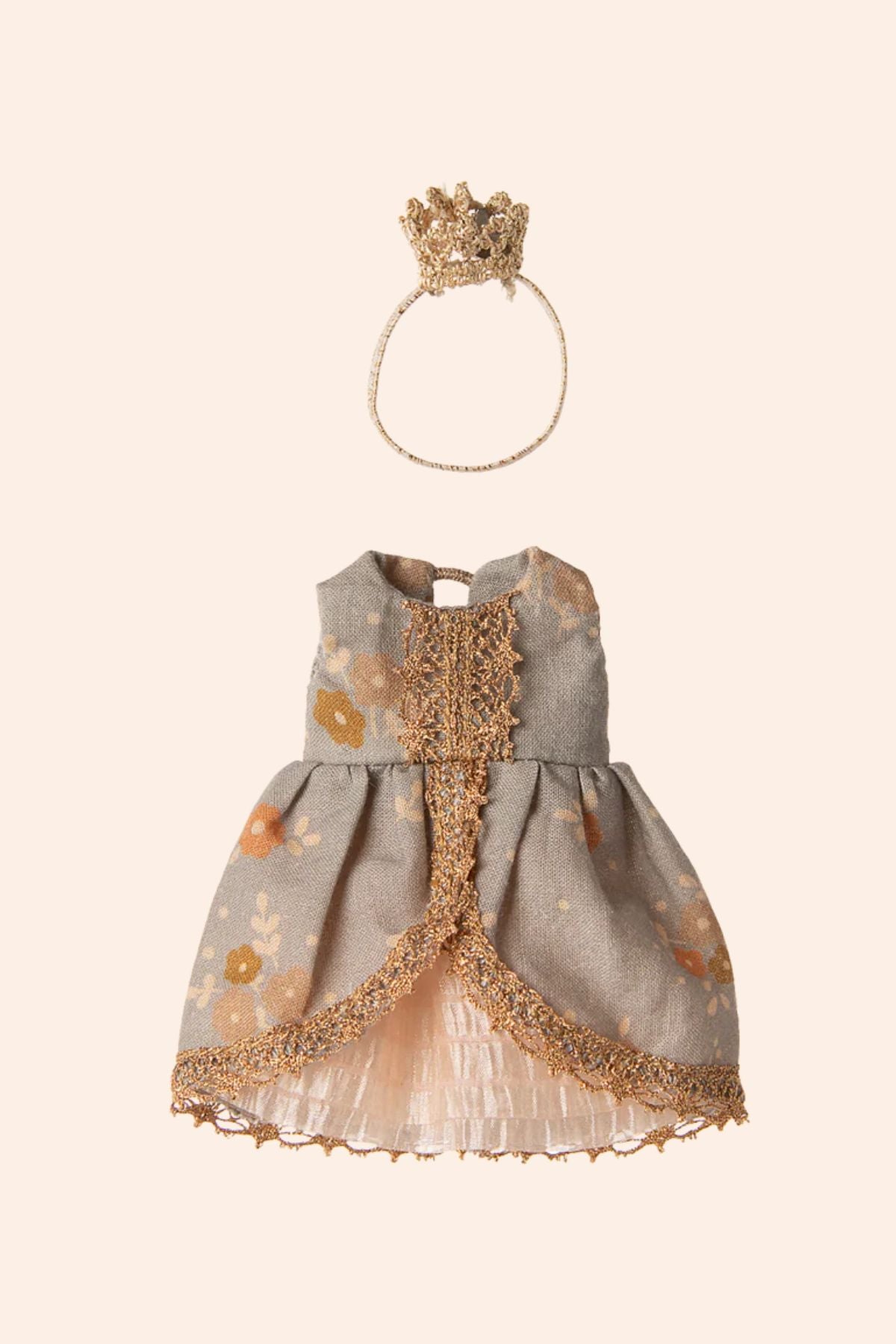 Maileg - Princess dress - Big sister mouse - Strawberries & Cream - Ingrid Lewis - Designer Maileg dress with gold accents and a matching crown 
