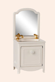 Maileg - Sink Dresser Mirror - Mouse - Powder - Strawberries & Cream - Ingrid Lewis - Designer
White bathroom vanity with mirror and gold fixtures.