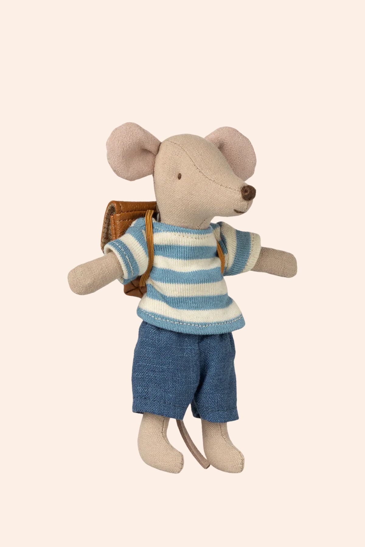 Maileg - Tricycle Mouse - Big Brother Brown - Strawberries & Cream - Ingrid Lewis - Designer Maileg toy mouse in a blue and white striped sweater and shorts holding a suitcase.