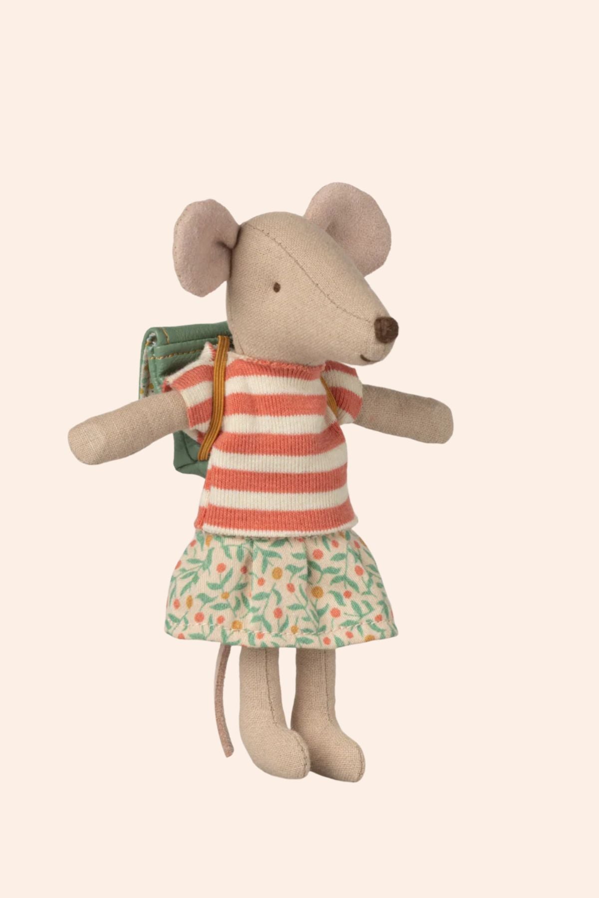 Maileg - Tricycle Mouse - Big Sister - Green - Strawberries & Cream - Toys - Ingrid Lewis - Designer Maileg mouse toy wearing a striped shirt and floral skirt 