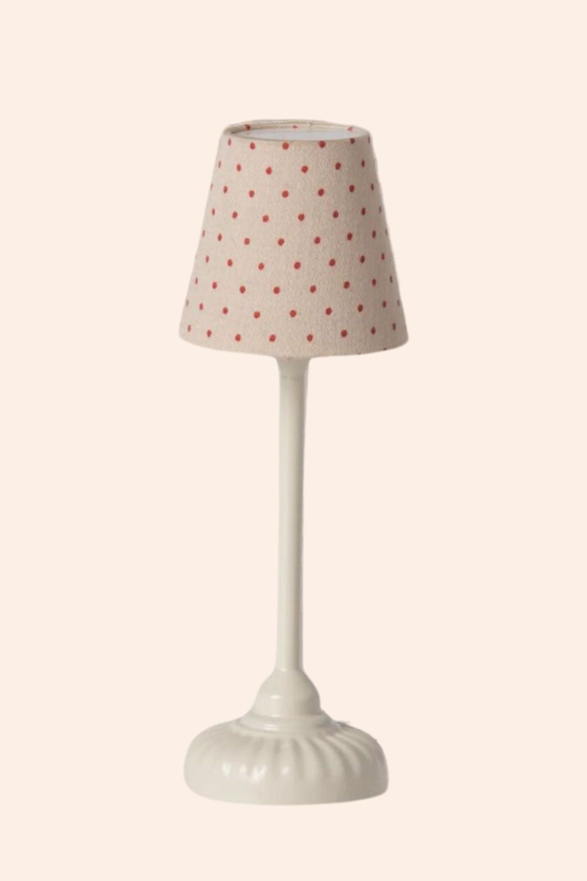 Maileg - Vintage Floor Lamp - Mouse - Sand - Strawberries & Cream - Ingrid Lewis - Designer 
White table lamp with a pink lampshade featuring red polka dots. 
