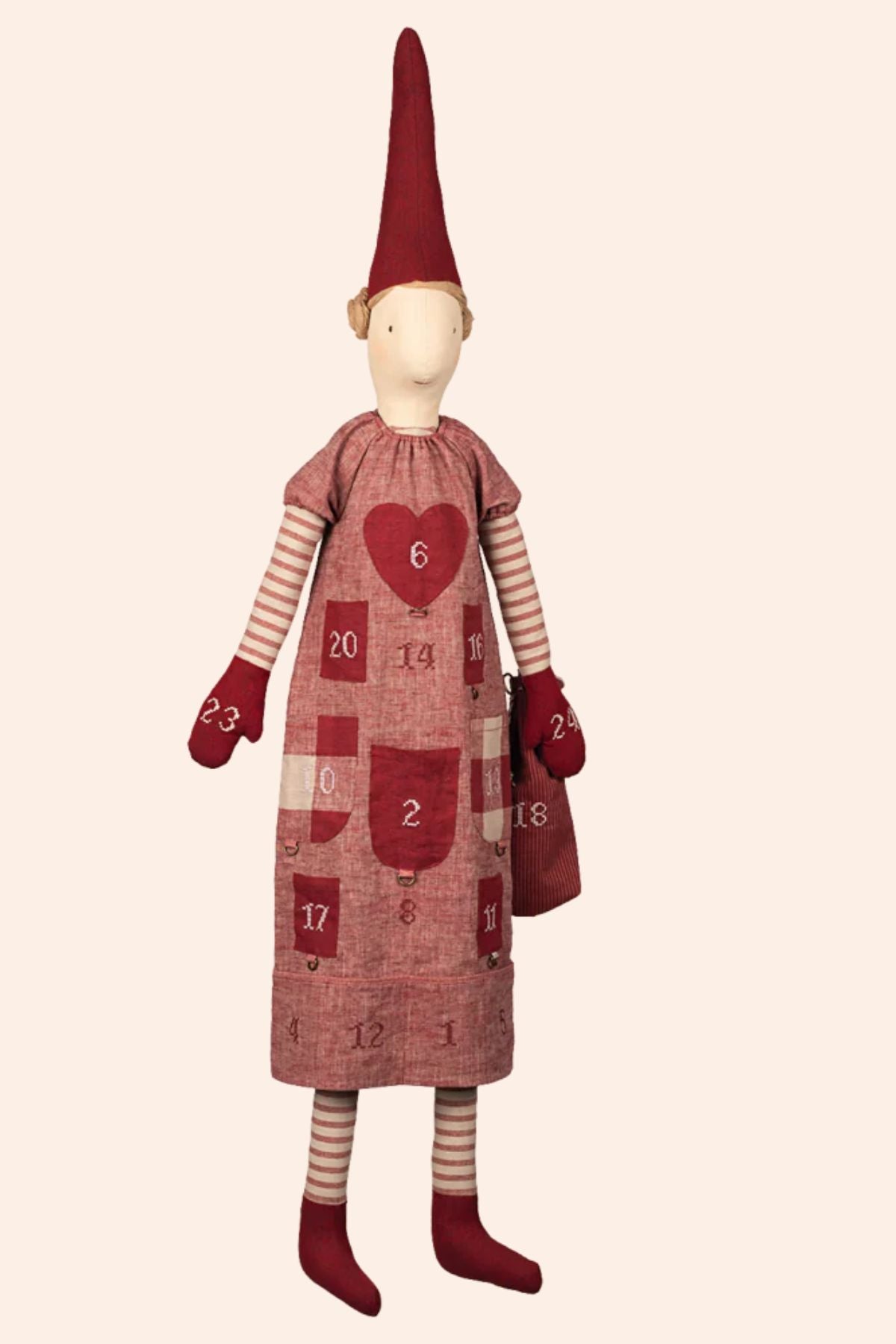 Maileg Pixy Calendar - Girl - Double Buns in Hair -  Strawberries & Cream - Ingrid Lewis - Designer
Decorative figure in a red dress with heart design.