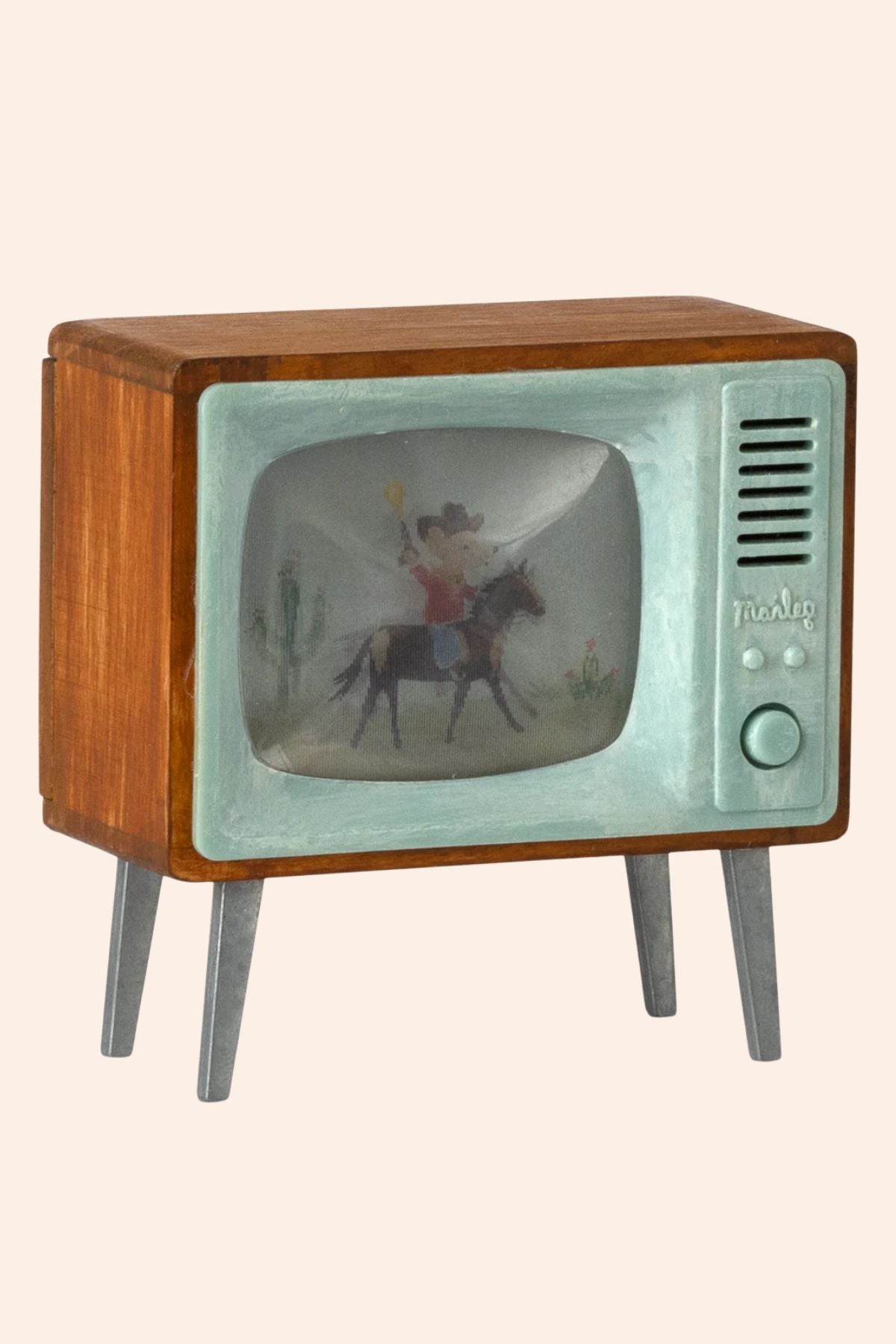 Vintage-style television set with wooden casing on a white background