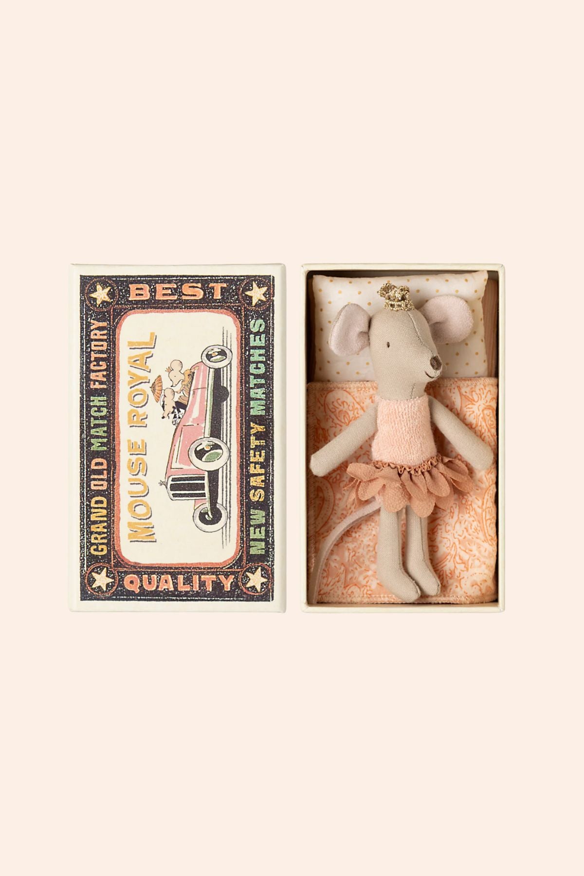 A toy mouse in a pink outfit with a crown, presented inside a matchbox-style packaging.