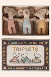 Three stuffed mouse toys in a matchbox with 'Grand Old Match Factory' branding.