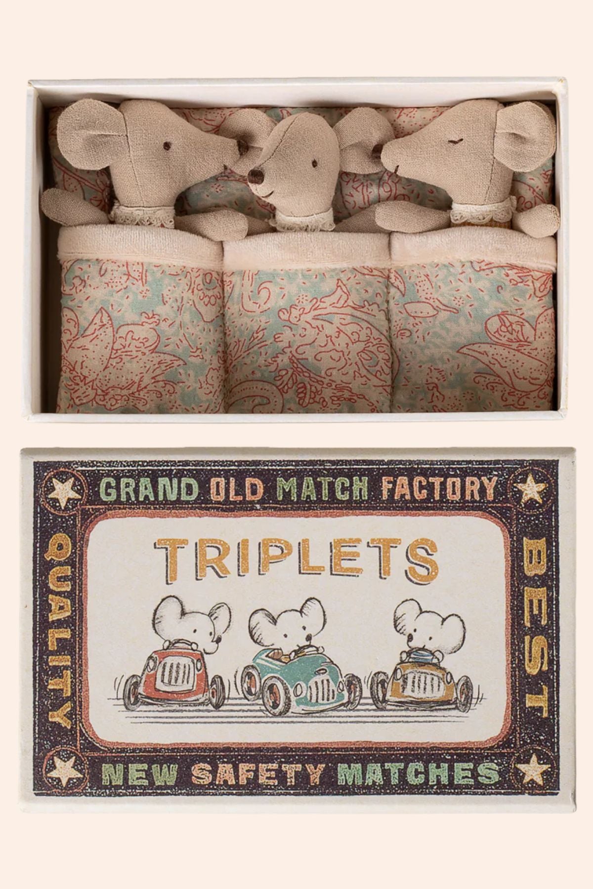 Matchbox with toy mice and decorative matchbook cover by Grand Old Match Factory